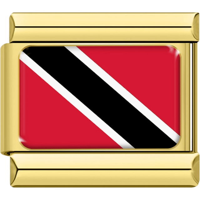 Gold Italian charm featuring the flag of Trinidad and Tobago with a diagonal black stripe bordered in white on a red background.
